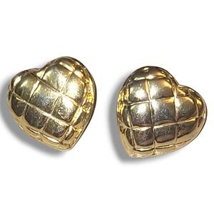 Vintage Designer Gold Tone Quilted Puffy Heart Stud Earrings